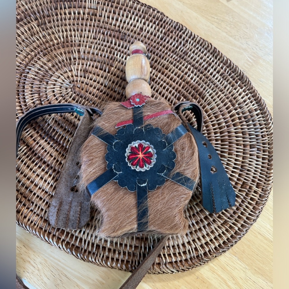 Vintage unique wooden flask, Decorative, Wooden, Fur-covered bottle